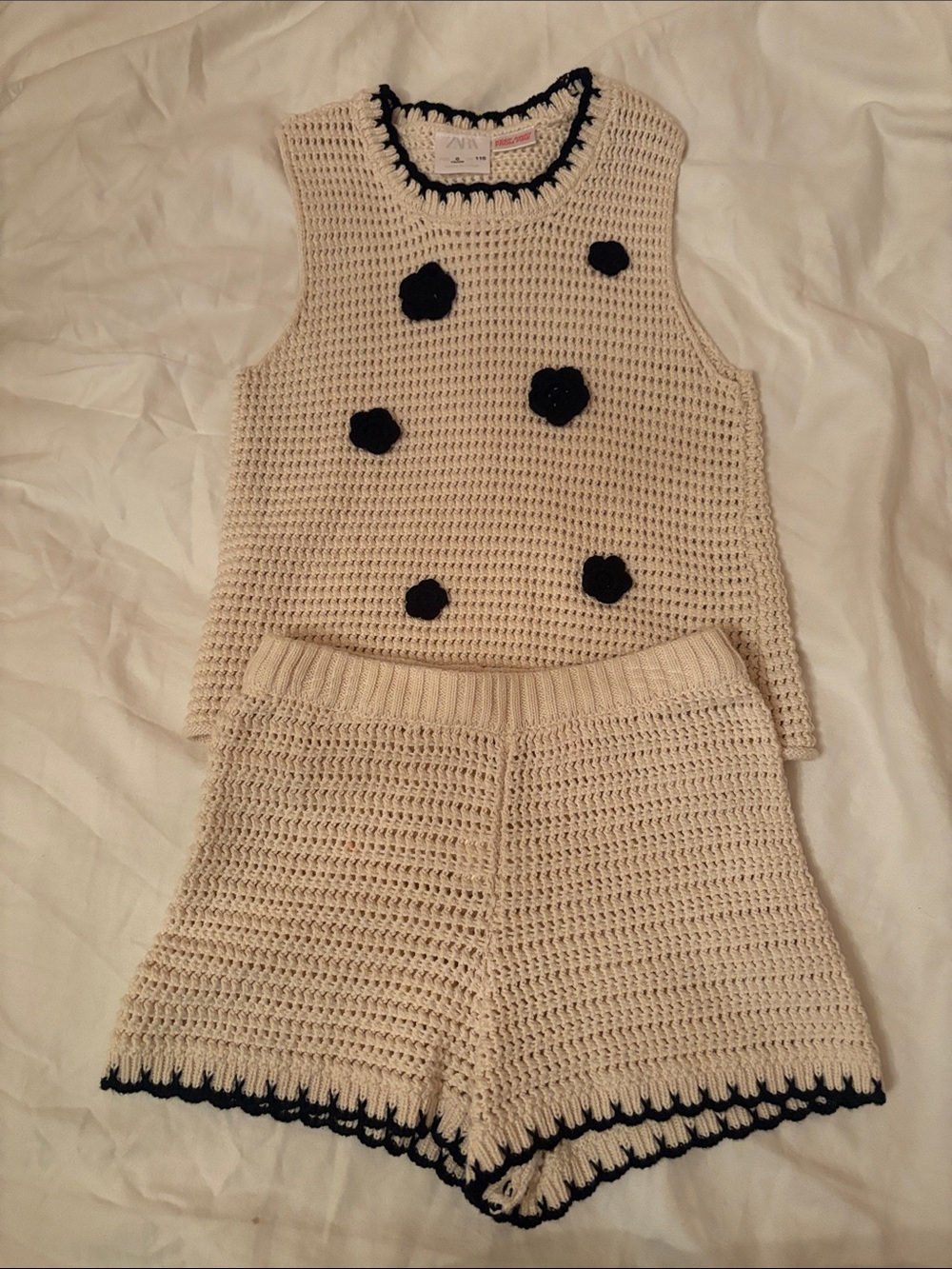 Zara Girls sz 6 Crochet Two-Piece Shorts Set - Cream with Black Detail